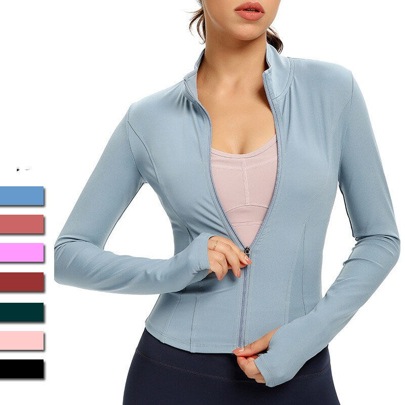Women's Fall Yoga Long-sleeved Tights, Waist Jackets Lightweight Running Jacket Full Zip Track Tops Sportswear with Thumb Holes