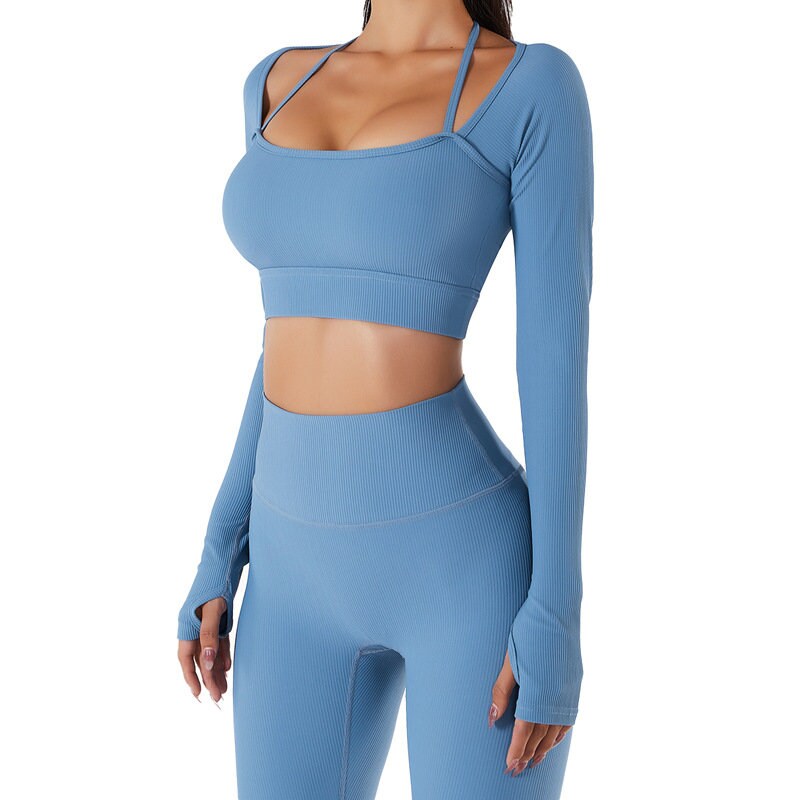 Quick Dry Long Sleeve Running Tops Ribbed Workout Women Yoga