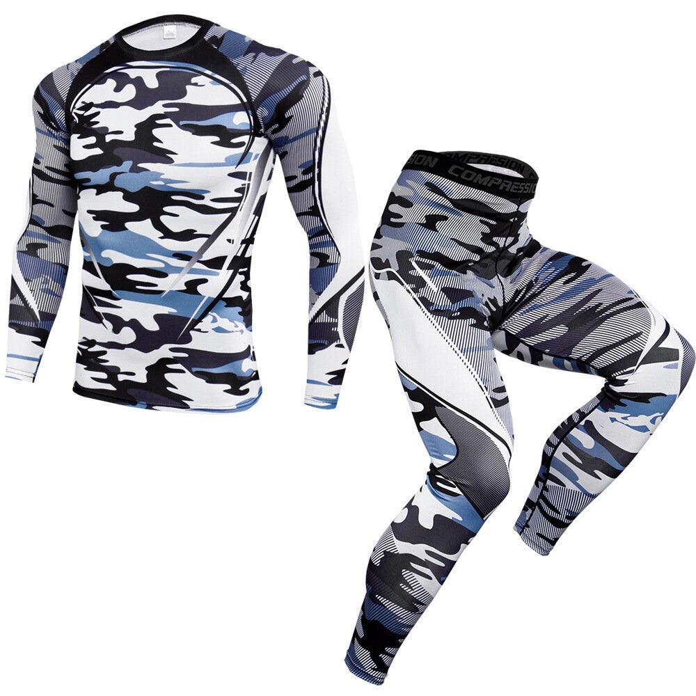 Mens 2Pcs Compression Pants Shirt Top Long Sleeve Athletic Set Quick- Drying