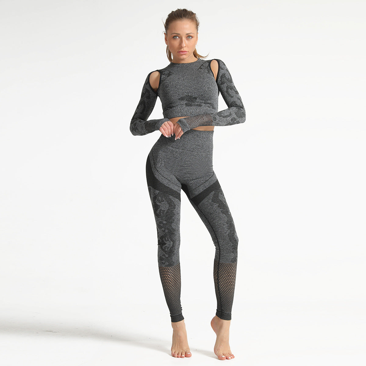 Camouflage yoga set 2 Pieces Seamless High Waist Yoga Leggings with Long Sleeve Crop Top Gym Clothes Set