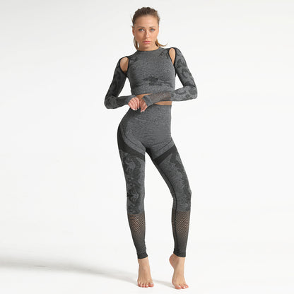 Camouflage yoga set 2 Pieces Seamless High Waist Yoga Leggings with Long Sleeve Crop Top Gym Clothes Set