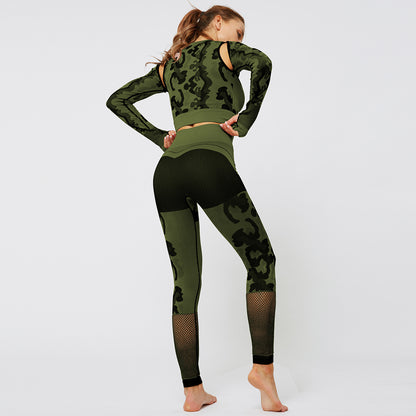 Camouflage yoga set 2 Pieces Seamless High Waist Yoga Leggings with Long Sleeve Crop Top Gym Clothes Set
