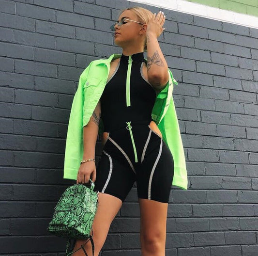 Backless Reflective Stripe Women Suit High Neck Backless Sleeveless Sporty Women Two Piece Set
