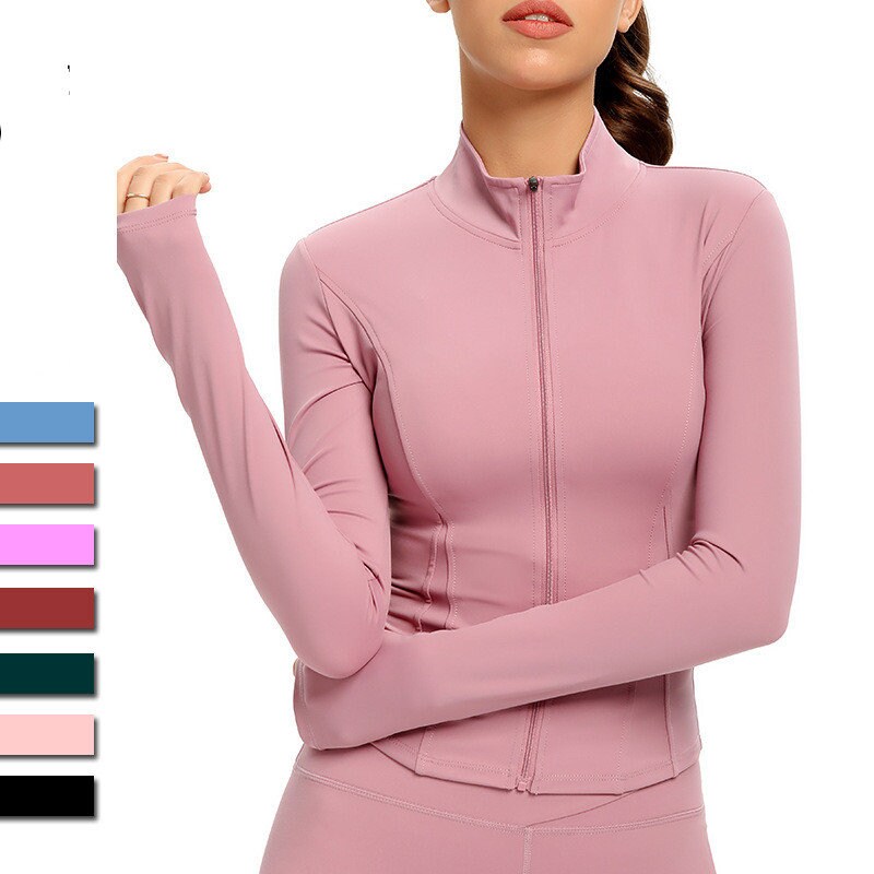 Women's Fall Yoga Long-sleeved Tights, Waist Jackets Lightweight Running Jacket Full Zip Track Tops Sportswear with Thumb Holes
