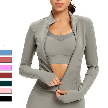 Women's Fall Yoga Long-sleeved Tights, Waist Jackets Lightweight Running Jacket Full Zip Track Tops Sportswear with Thumb Holes