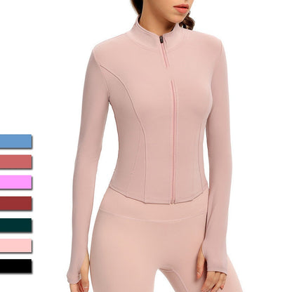 Women's Fall Yoga Long-sleeved Tights, Waist Jackets Lightweight Running Jacket Full Zip Track Tops Sportswear with Thumb Holes