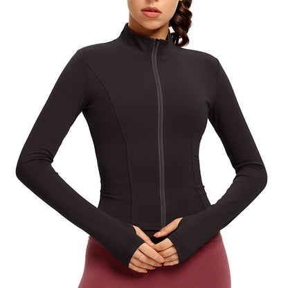 Women's Fall Yoga Long-sleeved Tights, Waist Jackets Lightweight Running Jacket Full Zip Track Tops Sportswear with Thumb Holes