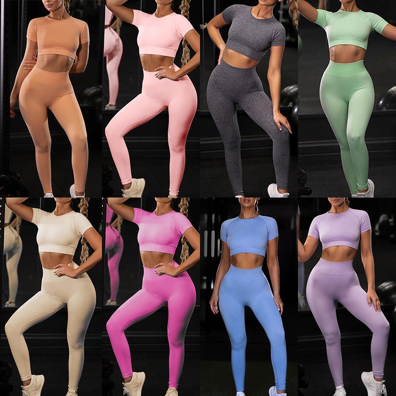 Women Workout Outfits for Women 2 Piece Seamless Ribbed High Waist Leggings with Sports Top Exercise Set