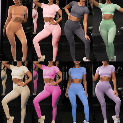 Women Workout Outfits for Women 2 Piece Seamless Ribbed High Waist Leggings with Sports Top Exercise Set