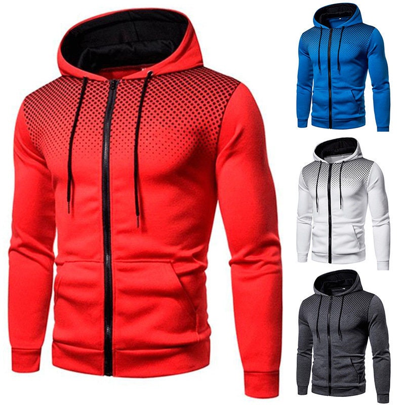 Men's Sports Casual Full Zipper Long-Sleeved Hooded Sweater with Pockets Jogging Track and Filed Gym Training Hoodie