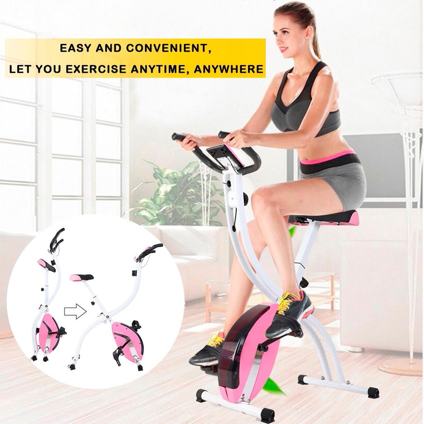 Folding Exercise Bike, 8 Levels of Resistance Stationary Bike Indoor Folding  Magnetic Stationary Exercise Bike With Tablet Stand