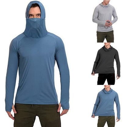 Mens Long Sleeve Light Sun Protection Performance Hoodie with Face Mask  Dry Fit