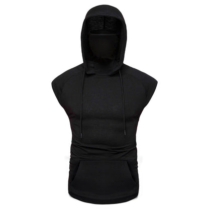 Men's Masked Hoodie Button Sports Vest Shirt Sleeveless Hoodie Sun Protection