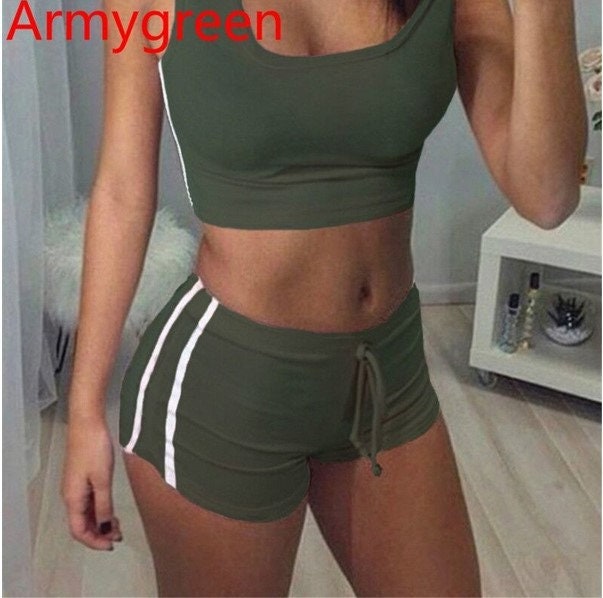Womens Casual 2 Piece Sleeveless Crop Top and Striped Shorts Sets Tracksuits