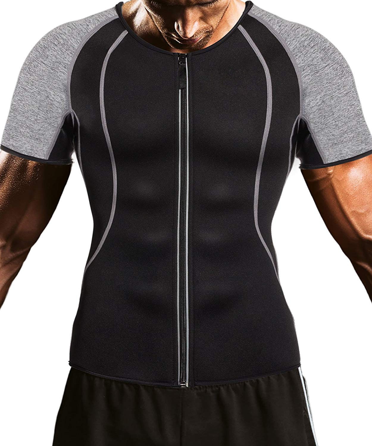 Mens Waist Trainer Shirt, Gym Sweat Top Workout Shirt, Body Shaper With Zipper
