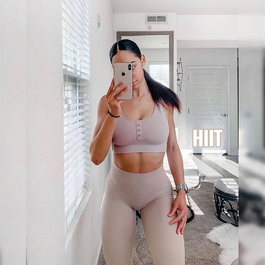 Biker Shorts 2 Piece Set Crop Top Leggings Sports Workout Yoga Suit with Button