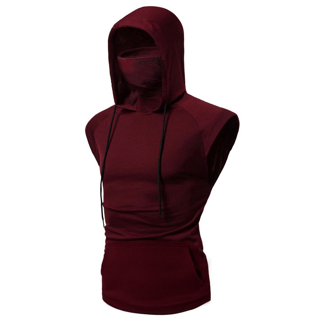 Men's Masked Hoodie Button Sports Vest Shirt Sleeveless Hoodie Sun Protection