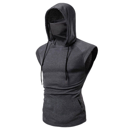 Men's Masked Hoodie Button Sports Vest Shirt Sleeveless Hoodie Sun Protection