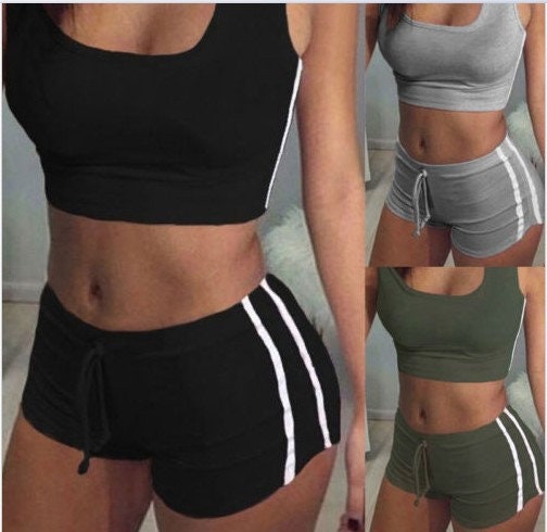 Womens Casual 2 Piece Sleeveless Crop Top and Striped Shorts Sets Tracksuits