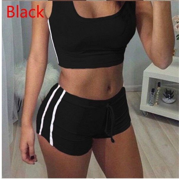 Womens Casual 2 Piece Sleeveless Crop Top and Striped Shorts Sets Tracksuits