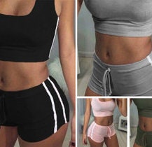 Womens Casual 2 Piece Sleeveless Crop Top and Striped Shorts Sets Tracksuits