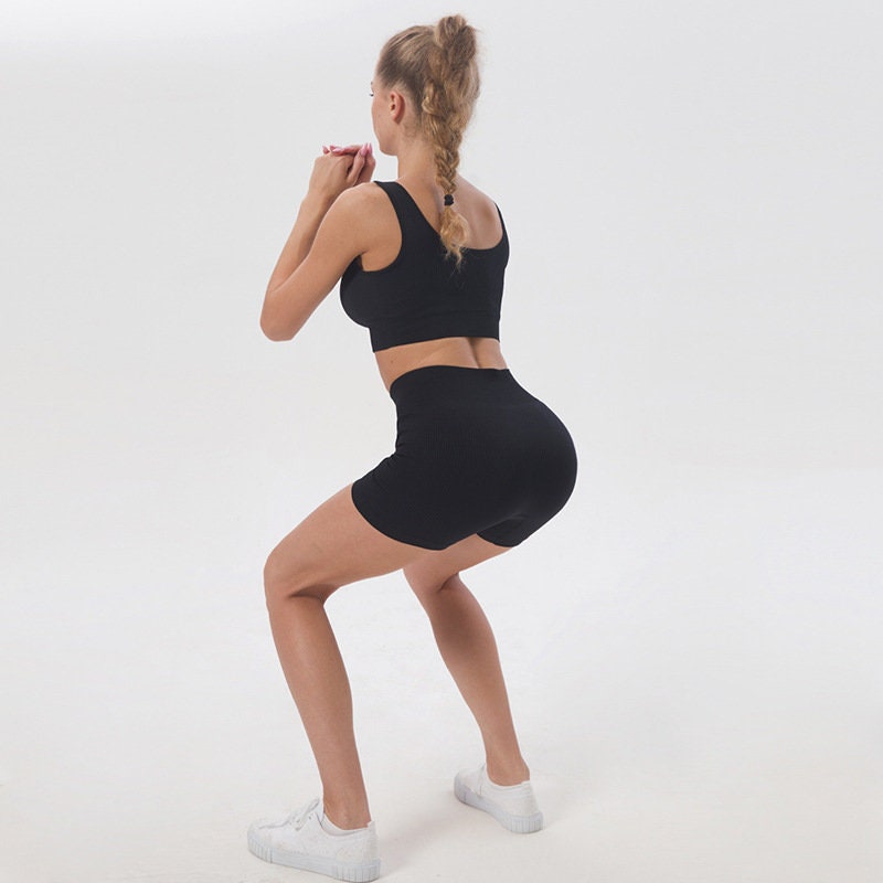 Biker Shorts 2 Piece Set Crop Top Leggings Sports Workout Yoga Suit with Button