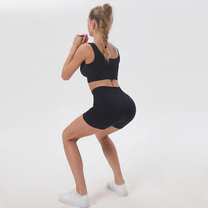 Biker Shorts 2 Piece Set Crop Top Leggings Sports Workout Yoga Suit with Button
