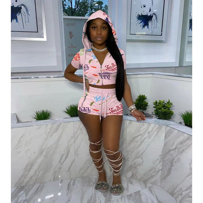 Women's 2 Summer Tracksuit Casual Short Sleeve Zip Up Hoodie And Shorts Set Jogger Outfits