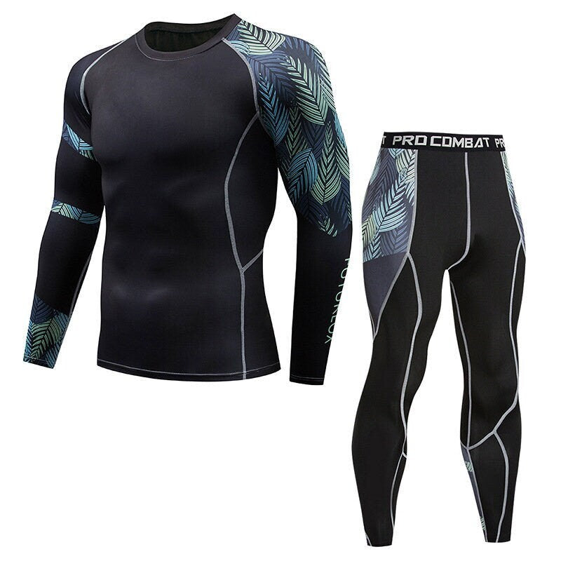 Mens Workout Compression Set Pants and Long Sleeve Shirts, Sports Tights
