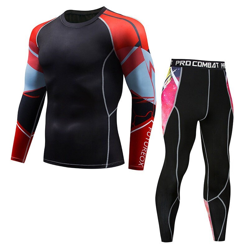 Mens Workout Compression Set Pants and Long Sleeve Shirts, Sports Tights