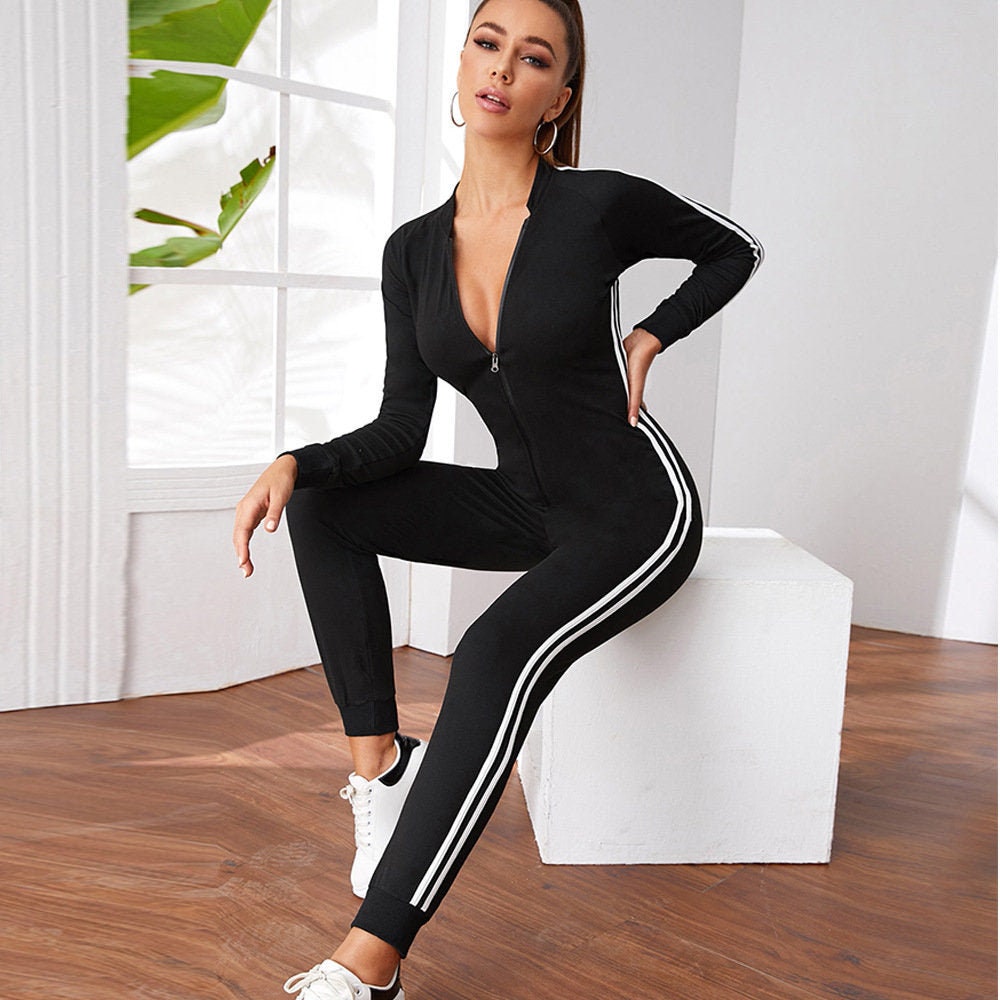 Romper Bodycon Jumpsuit Long-Sleeved Women's Zipper Leisure Sports Fitness Suit