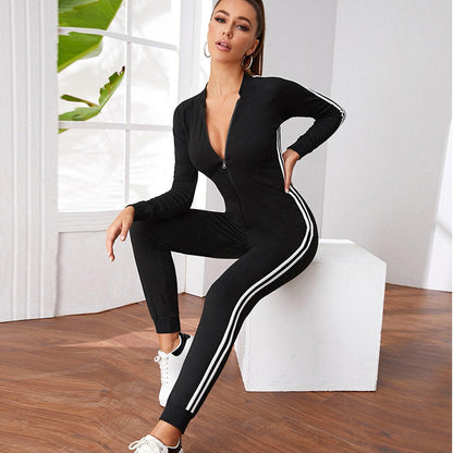 Romper Bodycon Jumpsuit Long-Sleeved Women's Zipper Leisure Sports Fitness Suit