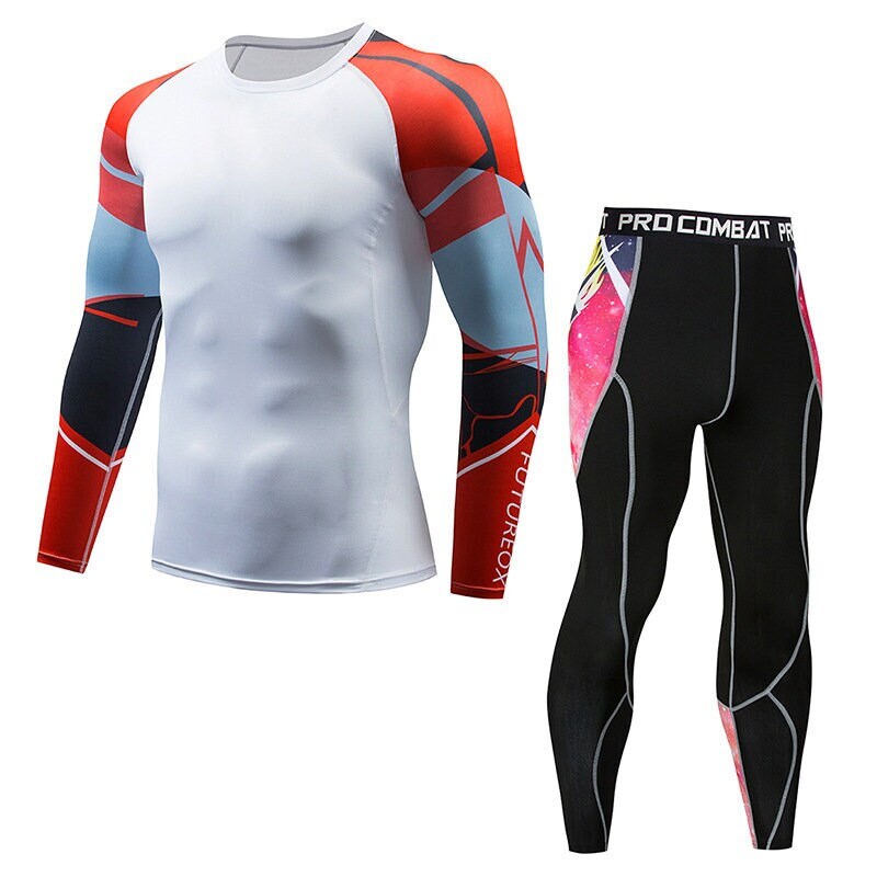Mens Workout Compression Set Pants and Long Sleeve Shirts, Sports Tights