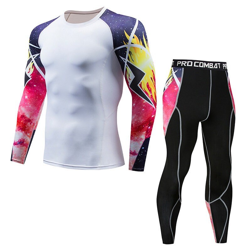 Mens Workout Compression Set Pants and Long Sleeve Shirts, Sports Tights