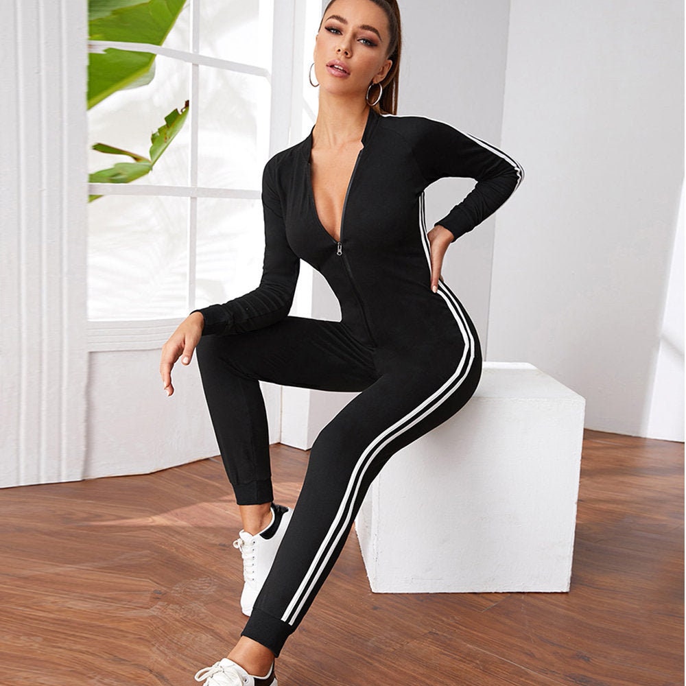 Romper Bodycon Jumpsuit Long-Sleeved Women's Zipper Leisure Sports Fitness Suit